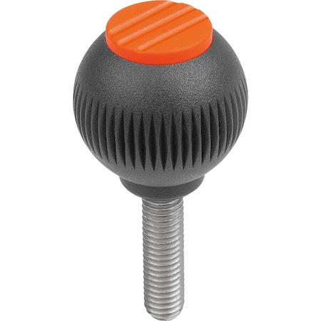 Spherical Knob Size:1, D1=25 D=M06X25, Plastic Black Ral7021, Comp:Stainless Steel, Cap:Orange Ral